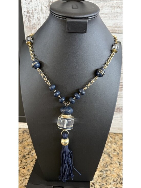 Chico's Jewelry - Chico’s Tassel Necklace  Navy Blue W/ Pendant Beaded Chain Gold Tone 32”